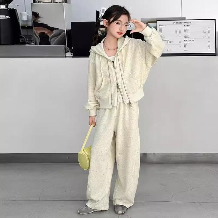女童春款2025新款中大童春秋韩系穿搭女孩连帽外套阔腿裤休闲套装