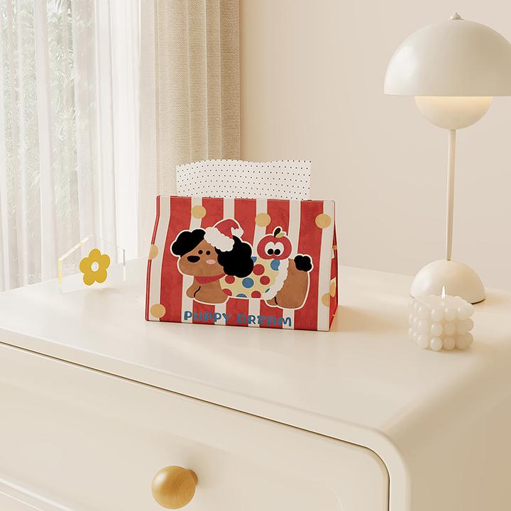 条纹绒绒狗纸巾盒家用客厅装饰实用抽纸盒轻奢高级感纸抽盒餐巾盒