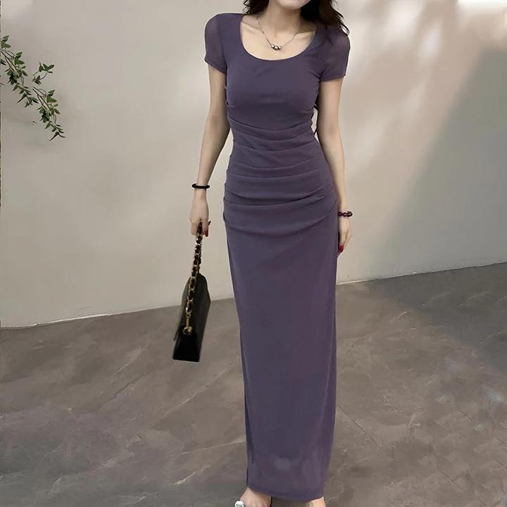 御姐风开叉短袖连衣裙女2025夏季新款爆款气质收腰显瘦包臀长裙子