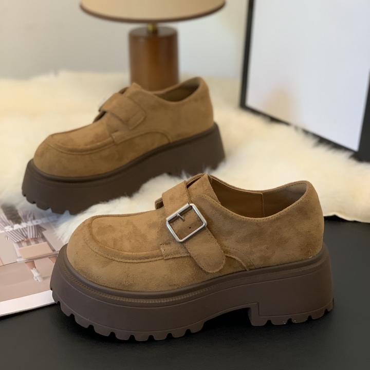 美式磨砂绒面乐福鞋2025秋季新款粗跟不累脚一字扣休闲舒适勃肯鞋