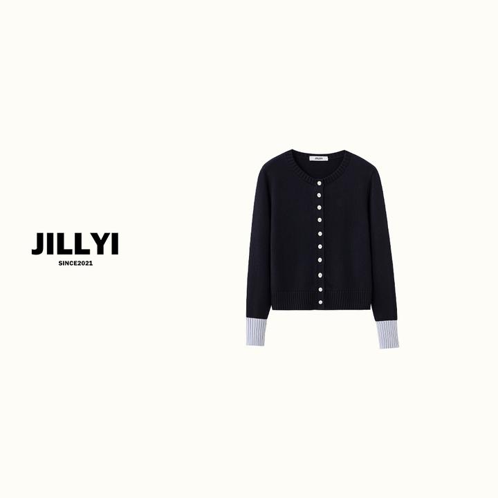 JILLYI珠海店【韩系撞色】藏蓝色圆领单排扣极简风秋季百搭针织开衫