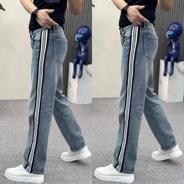 春季牛仔裤男士新款条纹拼接直筒休闲裤潮流百搭修身弹力阔腿裤子