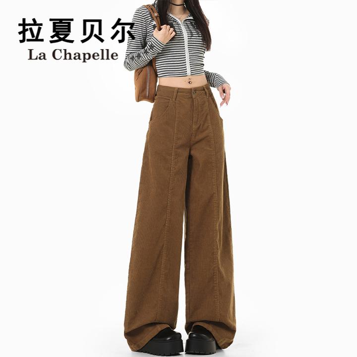 拉夏贝尔复古灯芯绒保暖阔腿裤女2025秋冬新款高腰休闲百搭直筒裤
