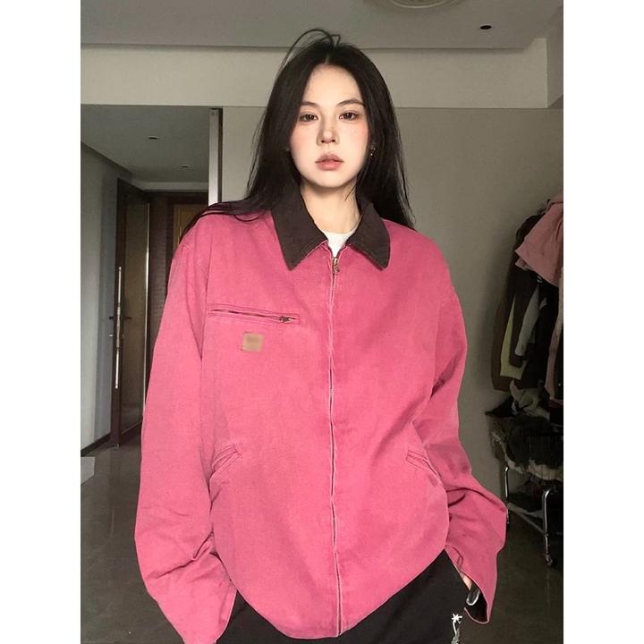 国潮粉色工装夹克外套女2025春季新款宽松休闲时尚百搭棒球服上衣