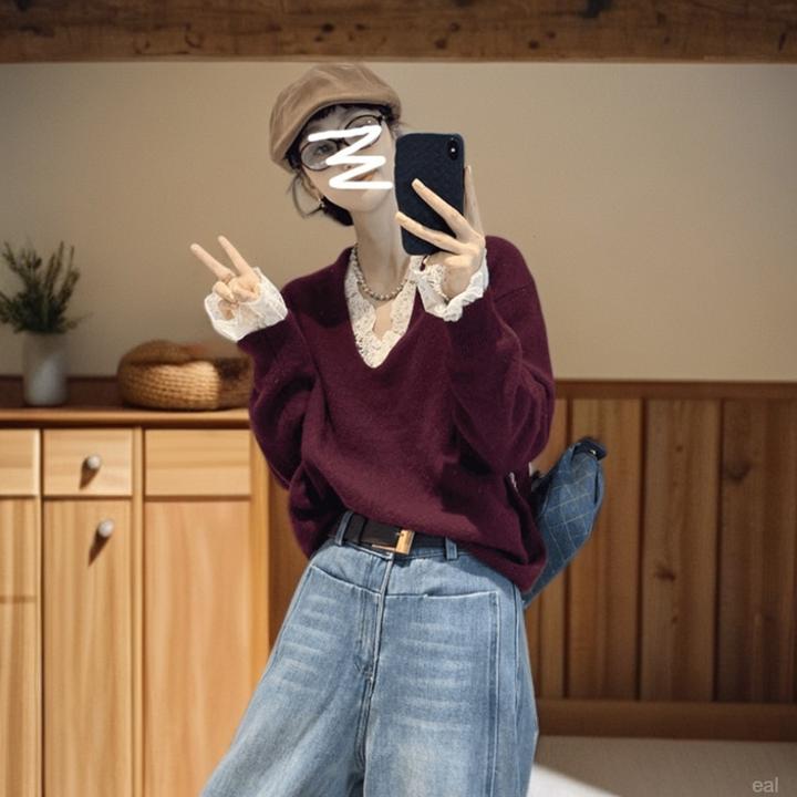 假两件蕾丝拼接针织毛衣洋气慵懒风高级感2025秋冬新款百搭上衣女