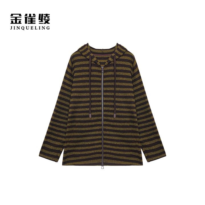 金雀绫【摩卡条纹】时尚条纹连帽拉链加宽加大外套SZA3TY799