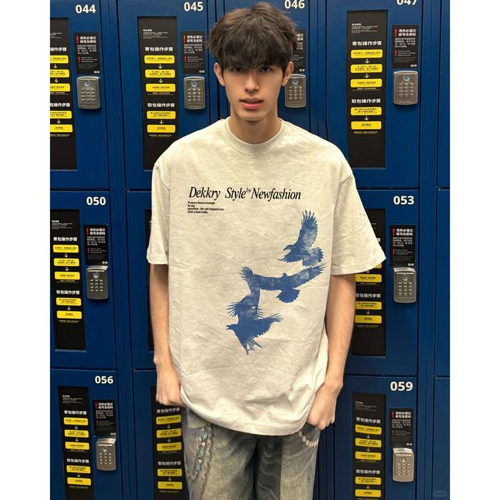 100%纯棉美式浩翔雄鹰字母印花短袖T恤男女夏季宽松休闲情侣上衣