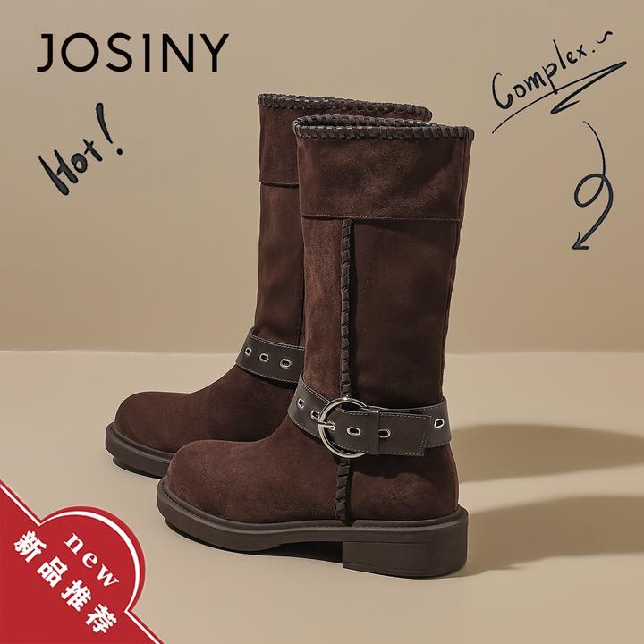 卓诗尼琥珀流光骑士靴女2025新款秋季复古粗跟中筒靴绒面时装短靴