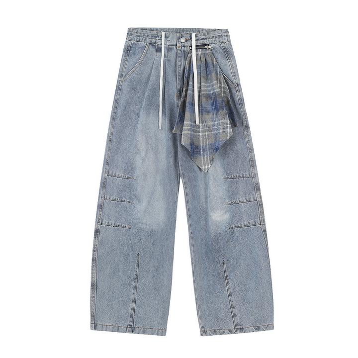 美式休闲潮流宽松格纹手巾拼接褶皱街头嘻哈复古风牛仔裤中性风