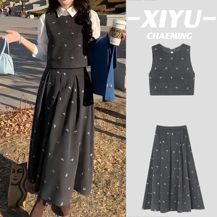 高级感温柔气质韩版毛呢马甲女背心上衣衬衫半身裙长裙时尚套装