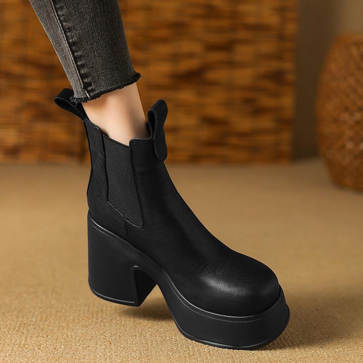 真皮高跟短靴10cm小个子不累脚厚底马丁靴女款松紧口烟筒切尔西靴