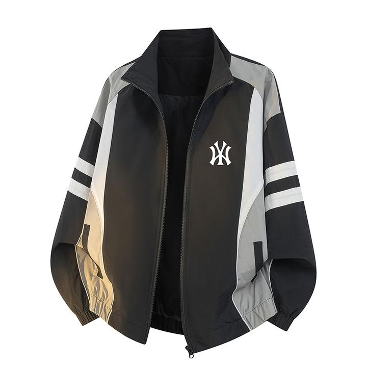 梦泡美式时尚高街飞行夹克外套男士时尚拼色美男加绒男款机车皮衣