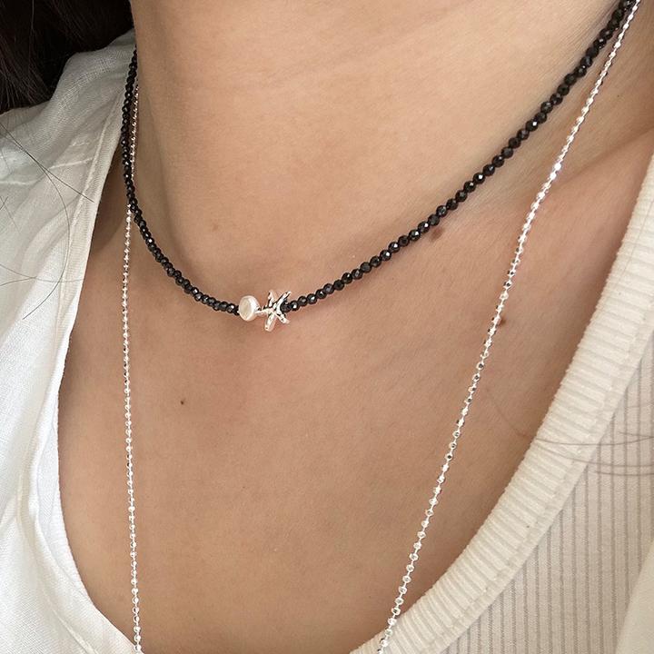 925纯银不规则海星天然珍珠项链女简约手工设计黑晶尖锁骨链