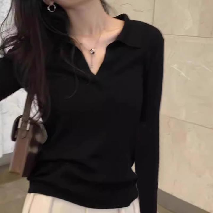 黑色正肩POLO螺纹衫V领长袖T恤女2025新款秋冬季修身显瘦打底衫