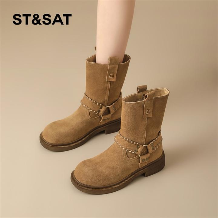 星期六粗跟增高马丁靴女2025秋季新款美拉德牛仔堆堆靴西部风短靴