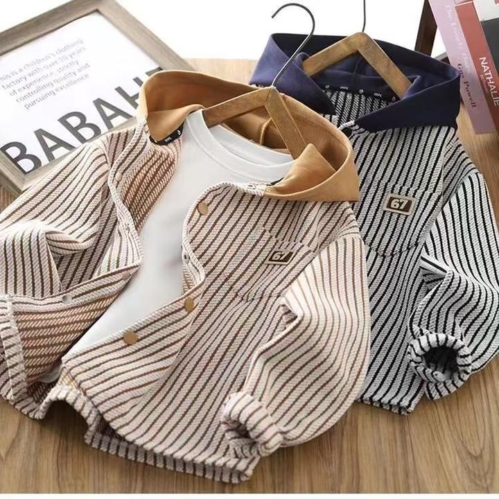 儿童秋装外套新款男童条纹连帽上衣2025春秋宝宝洋气长袖衬衫男孩