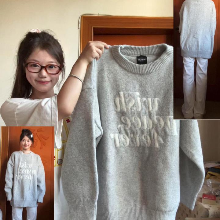 美式软糯字母提花灰色毛衣女秋冬宽松外穿慵懒风圆领加厚毛针织衫