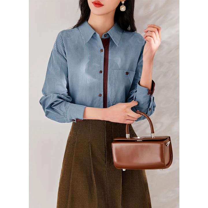 全棉蓝色竖条纹文艺感高知衬衫女款爆款 撞色高级感百搭长袖衬衣