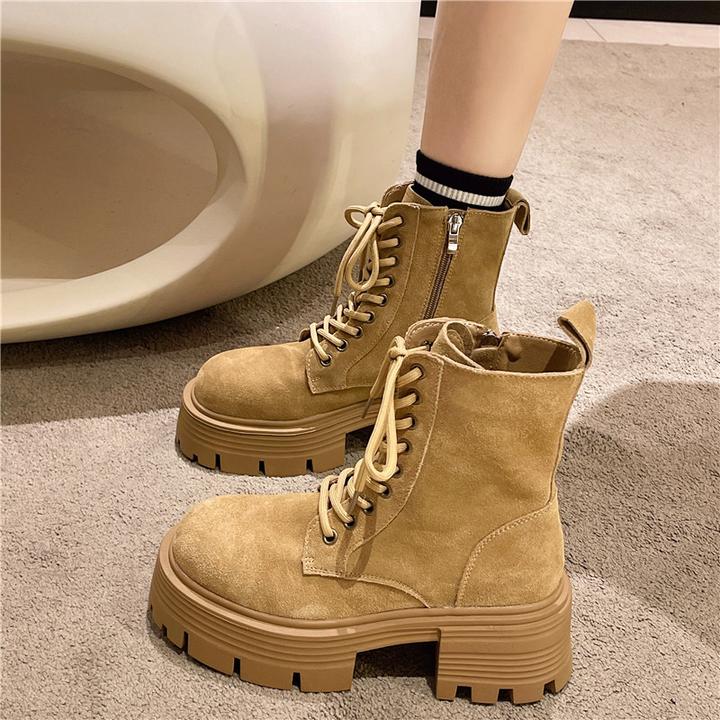 英伦风系带短筒靴2025年秋冬新款百搭磨砂短靴圆头松糕厚底马丁靴