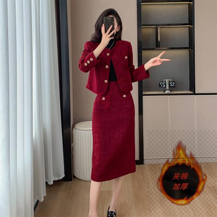 秋冬新款御姐轻熟风今年流行漂亮加棉加厚红色小香风套装裙两件套