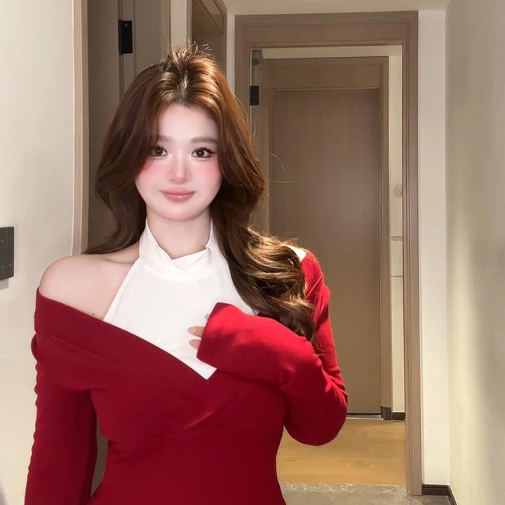 微胖mm假两件拼接露肩辣妹风V领针织弹力修身内搭冬季性感内搭T恤