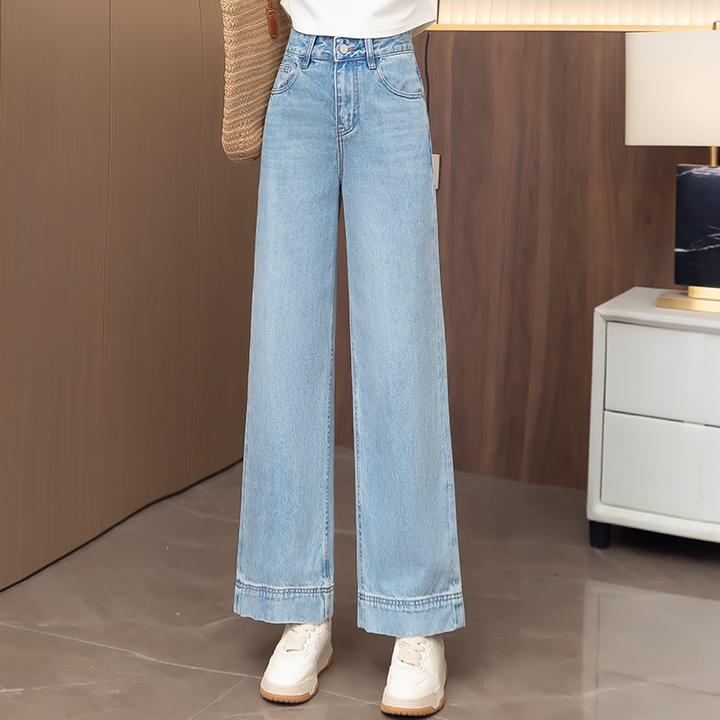 时尚蓝色筒喇牛仔裤女2025春夏季新款高腰显瘦垂感百搭休闲直筒裤