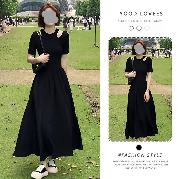 法式开叉连衣裙女夏季2025新款赫本风显瘦露肩度假高级感黑色长裙