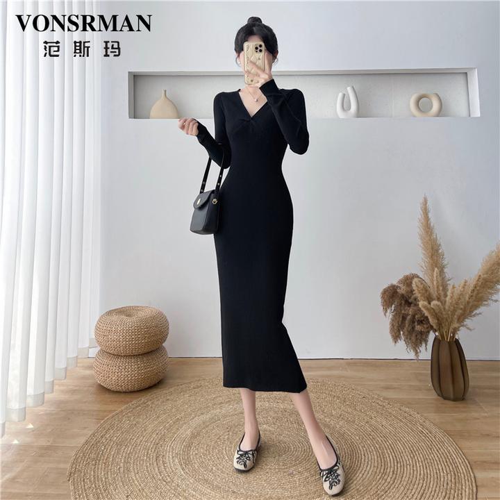 VONSRMAN复古V领包臀连衣裙女2025秋冬新款时尚高级感气质中长裙