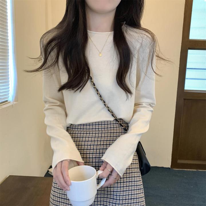 韩版套头针织打底衫2025春秋圆领简约内搭长袖上衣女慵懒卷边毛衣
