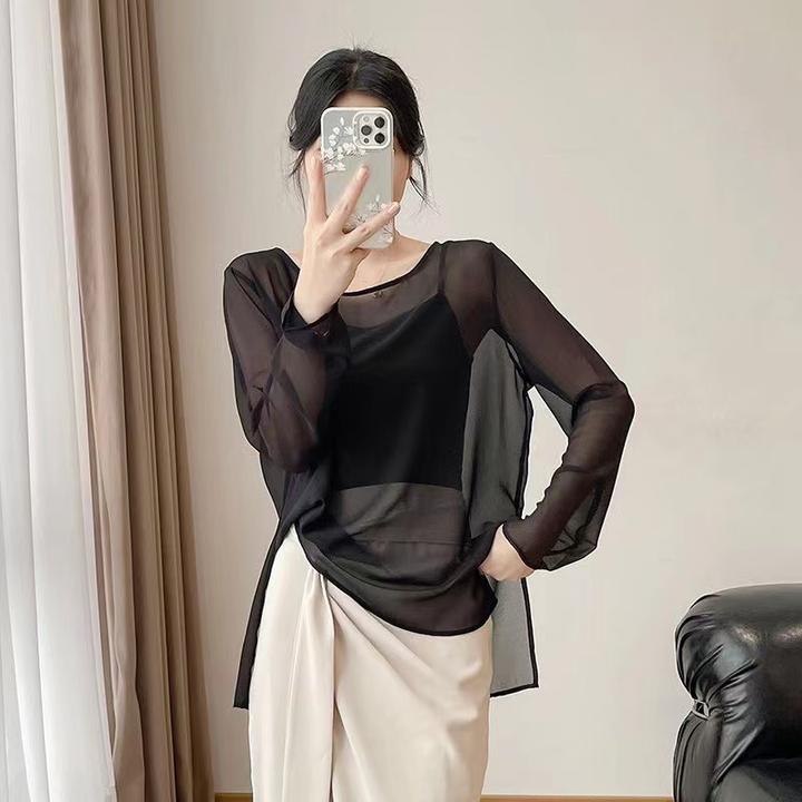 2025新款夏季上衣搭配半裙薄款罩衫长袖宽松版遮肚子