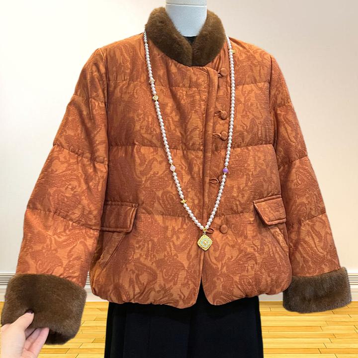 新中式妈妈冬装国风毛领羽绒棉服2025新款中老年女超好看橘色袄子