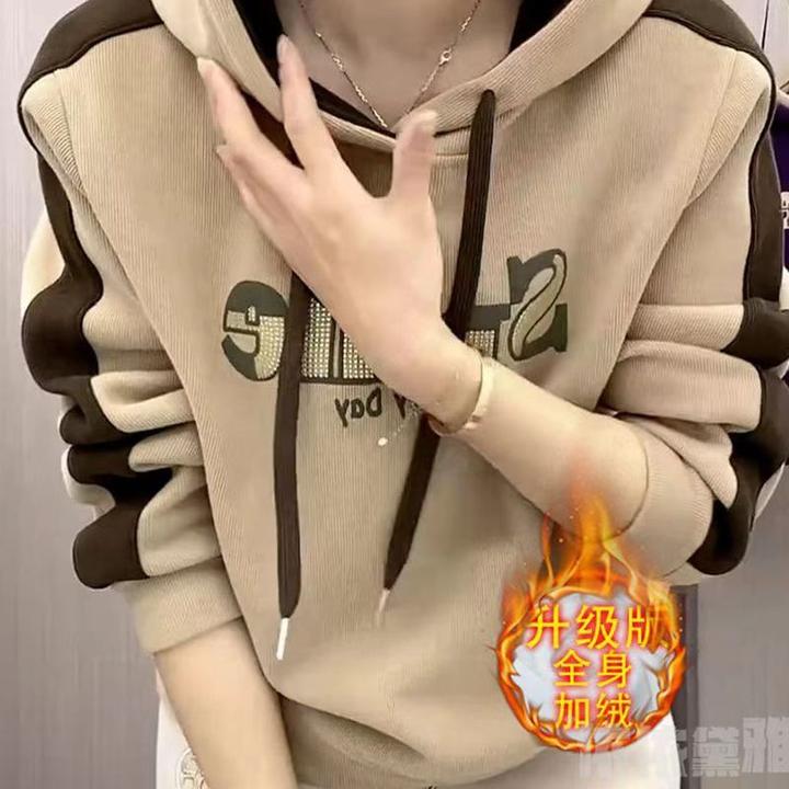 秋冬新款连帽卫衣女银狐绒加绒加厚休闲字母宽松遮肚显瘦上衣