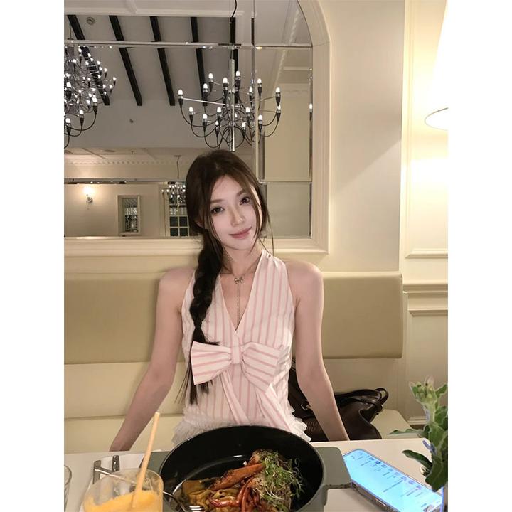 蝴蝶结条纹v领挂脖吊带背心女夏季修身无袖外穿辣妹短款美背上衣