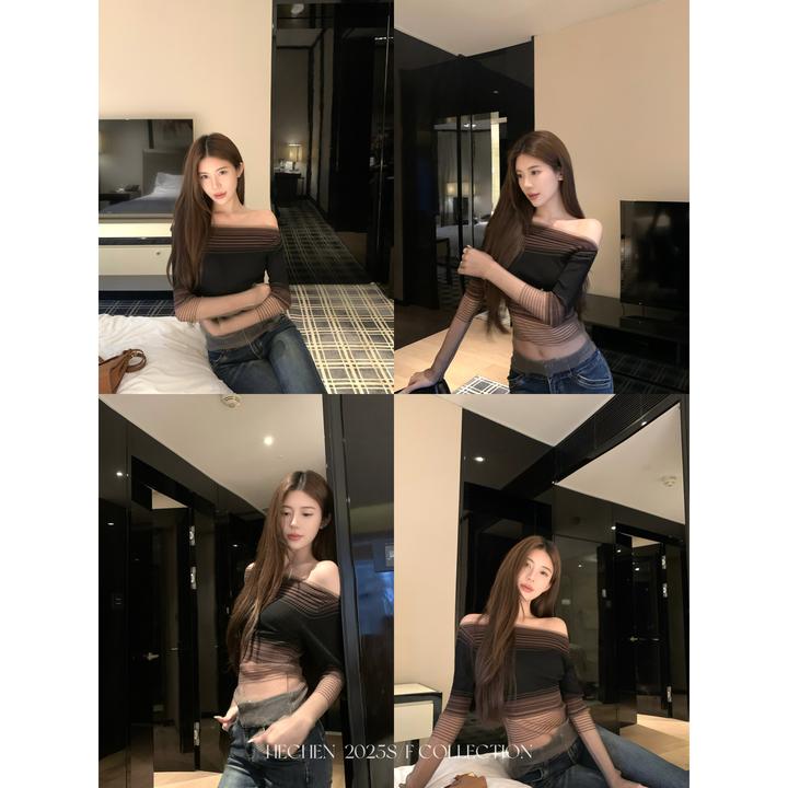 【禾呈】毛织渐变上衣百搭简约时尚斜肩可内搭女上衣T恤50322