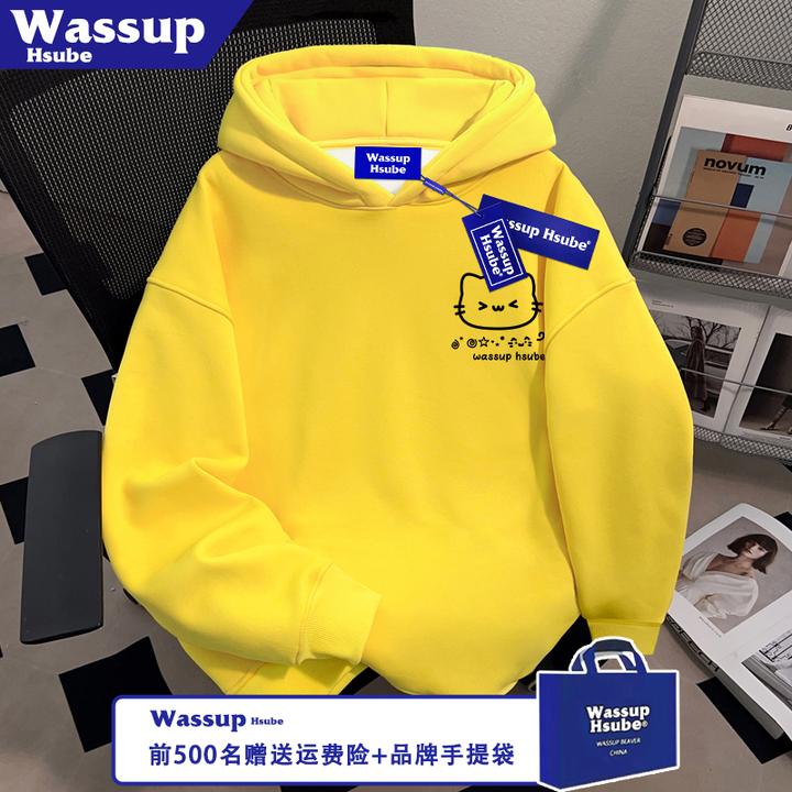 WASSUP HSUBE小猫印花潮牌连帽套头卫衣秋冬季加绒男女款黄色上衣