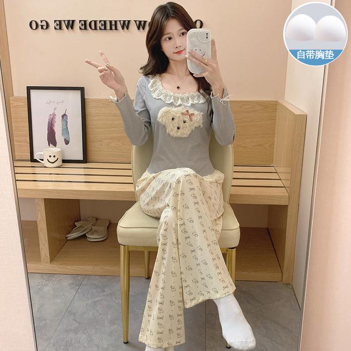春秋季新款睡衣女款带胸垫秋冬小狗长袖长裤莫代尔少女家居服套装