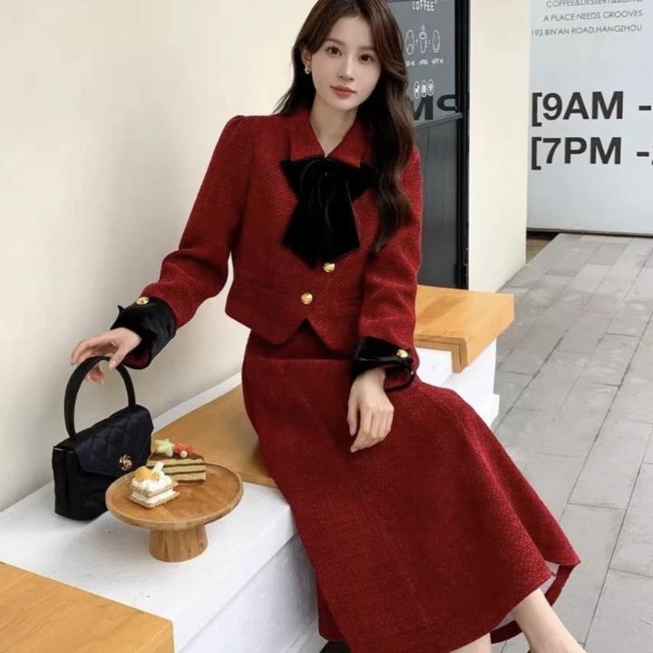 [清库存]加厚毛呢长款冬裙套装两件套穿搭高级感小香风冬季连衣裙