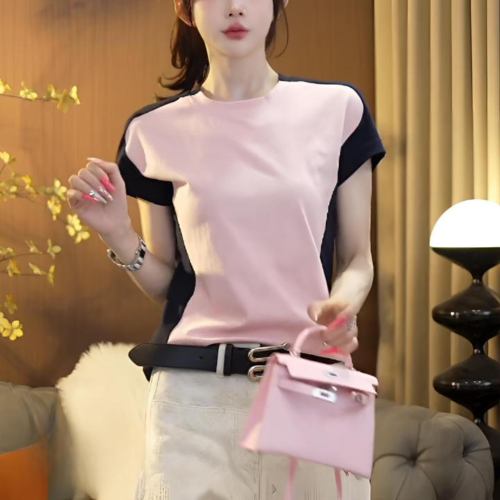 『修容T恤』2025夏季小众设计腰线拼接显瘦百搭短袖T恤6763