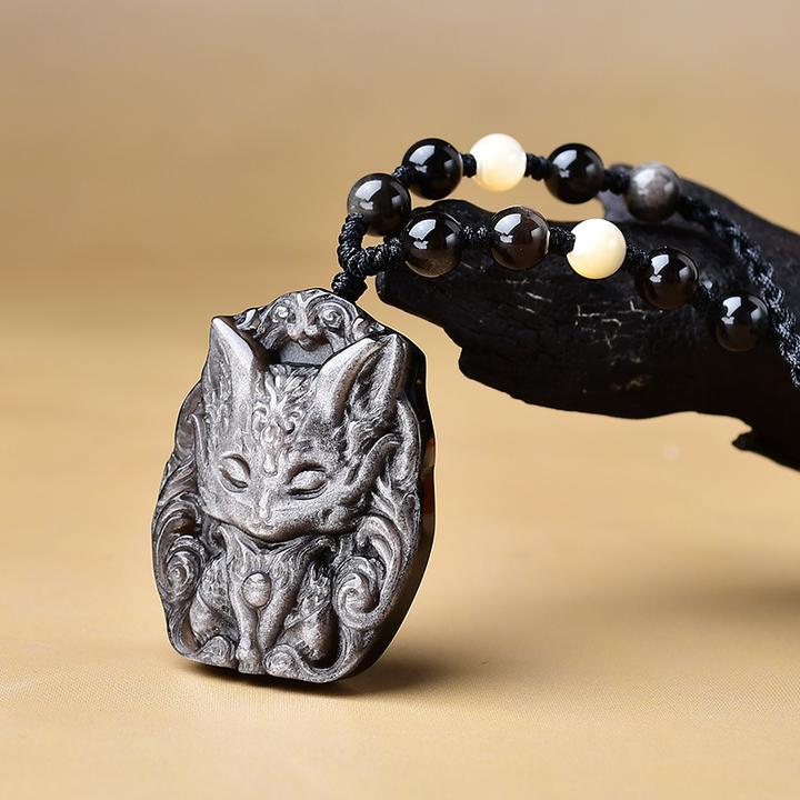 天然黑曜石银曜石狐狸吊坠项链钥匙扣包包挂件手机链饰品时尚百搭