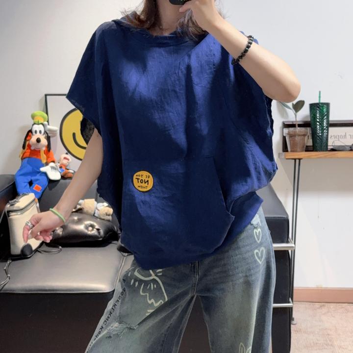 2025夏季新款藏青色亚麻连帽半袖T恤女显白宽松显瘦减龄洋气百搭