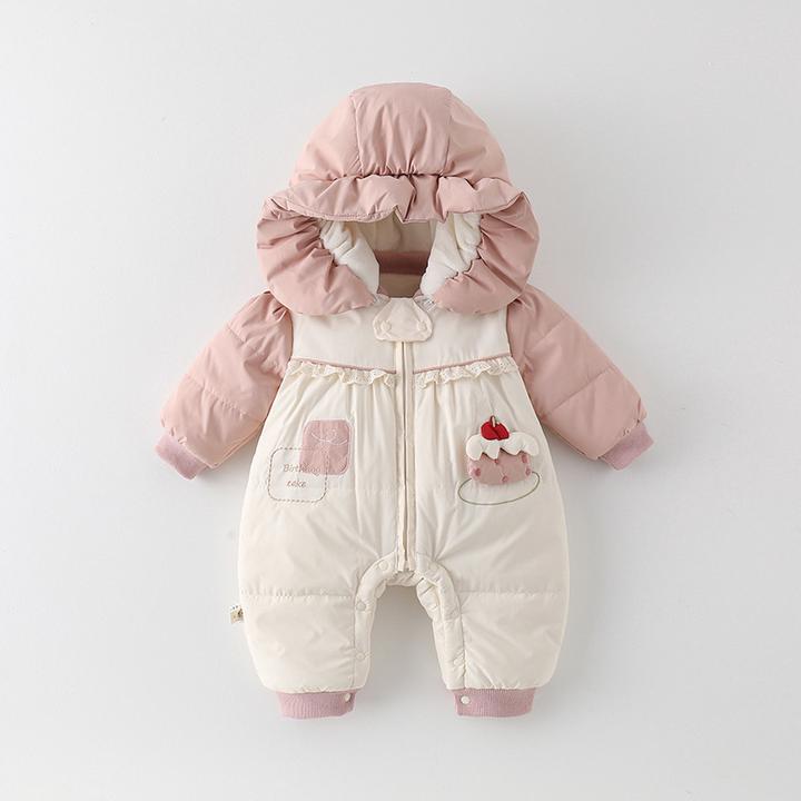 女宝宝百天外出服保暖秋冬季加绒加厚衣服可爱超萌婴儿连帽连体衣