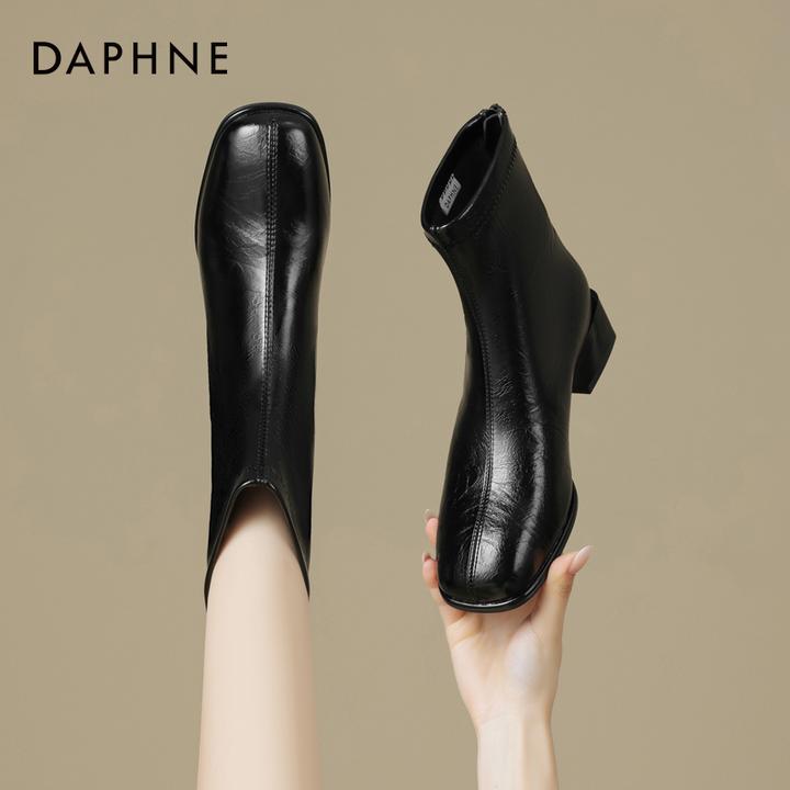 达芙妮品牌正品英伦风法式短靴25秋季粗跟气质黑色中筒瘦瘦时装靴