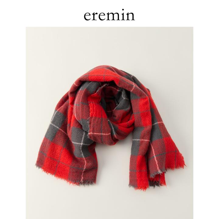 复古红格纹番茄红须边氛围感羊绒围巾55824