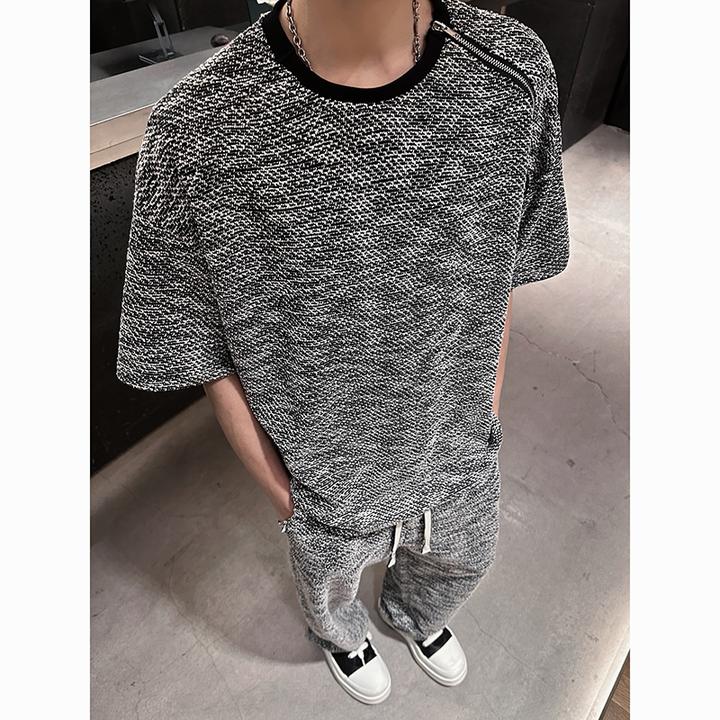 小香风针织T恤一套搭配男夏季高级感美式斜拉链短袖长裤休闲套装