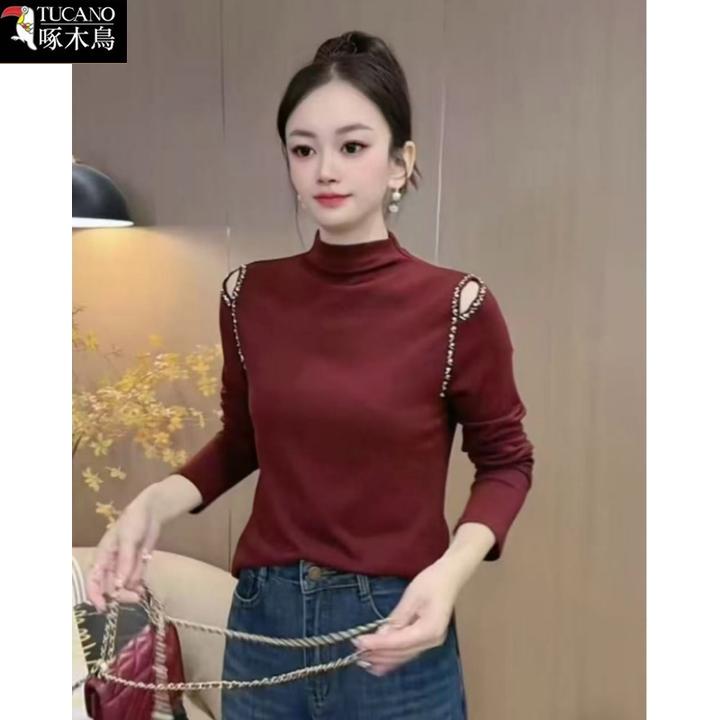啄木鸟秋季长袖半高领德绒保暖T恤女2025年新款网红爆款显瘦上衣