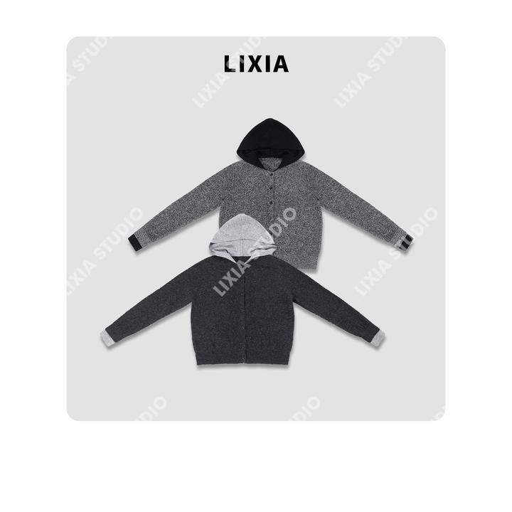 LIXIA【撞色韵】INS风时髦慵懒感100绵羊毛连帽针织开衫-D10108