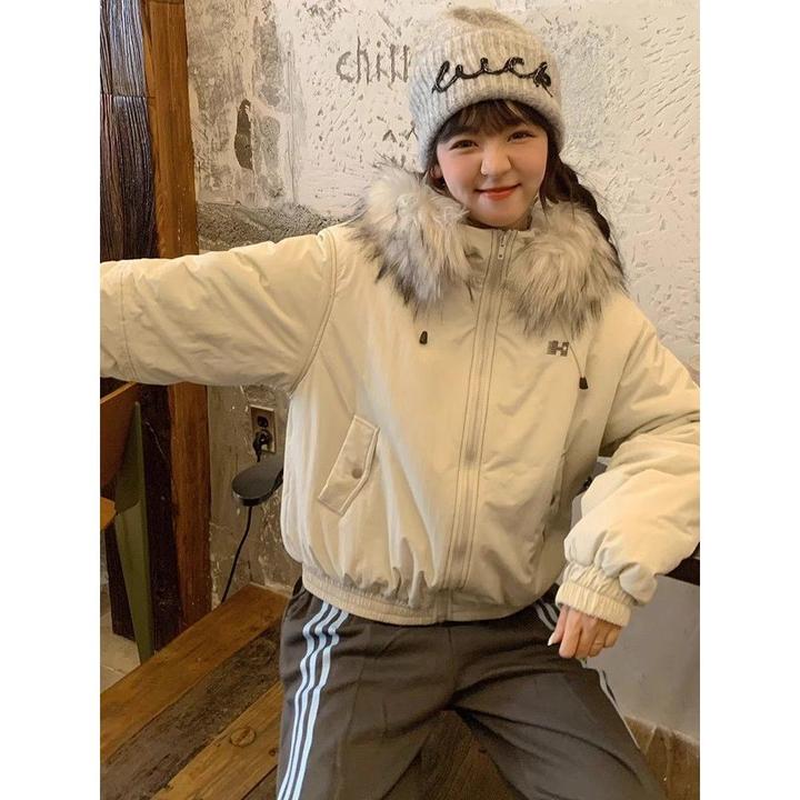 莲叶毛领连帽棉服女冬季保暖派克服外