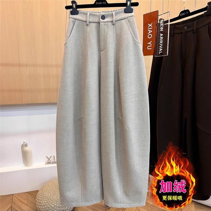 弯刀裤长裤毛呢加绒加厚阔腿裤冬天休闲裤高腰复古秋冬长裤春秋