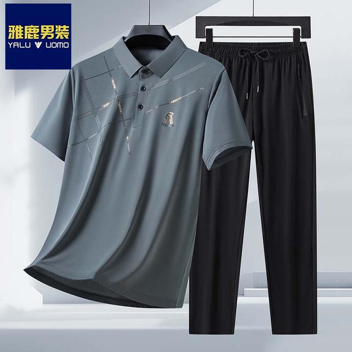 雅鹿男装男士套装休闲运动2025新款夏季长裤冰丝短袖polo衫套装
