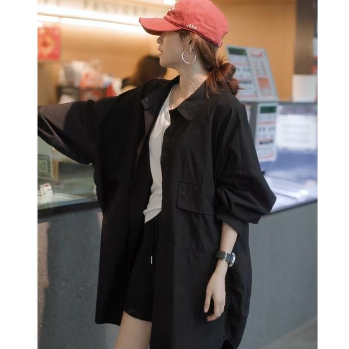 新款宽松长袖防晒外套女夏季中长版型休闲小众设计感薄款手绘格子